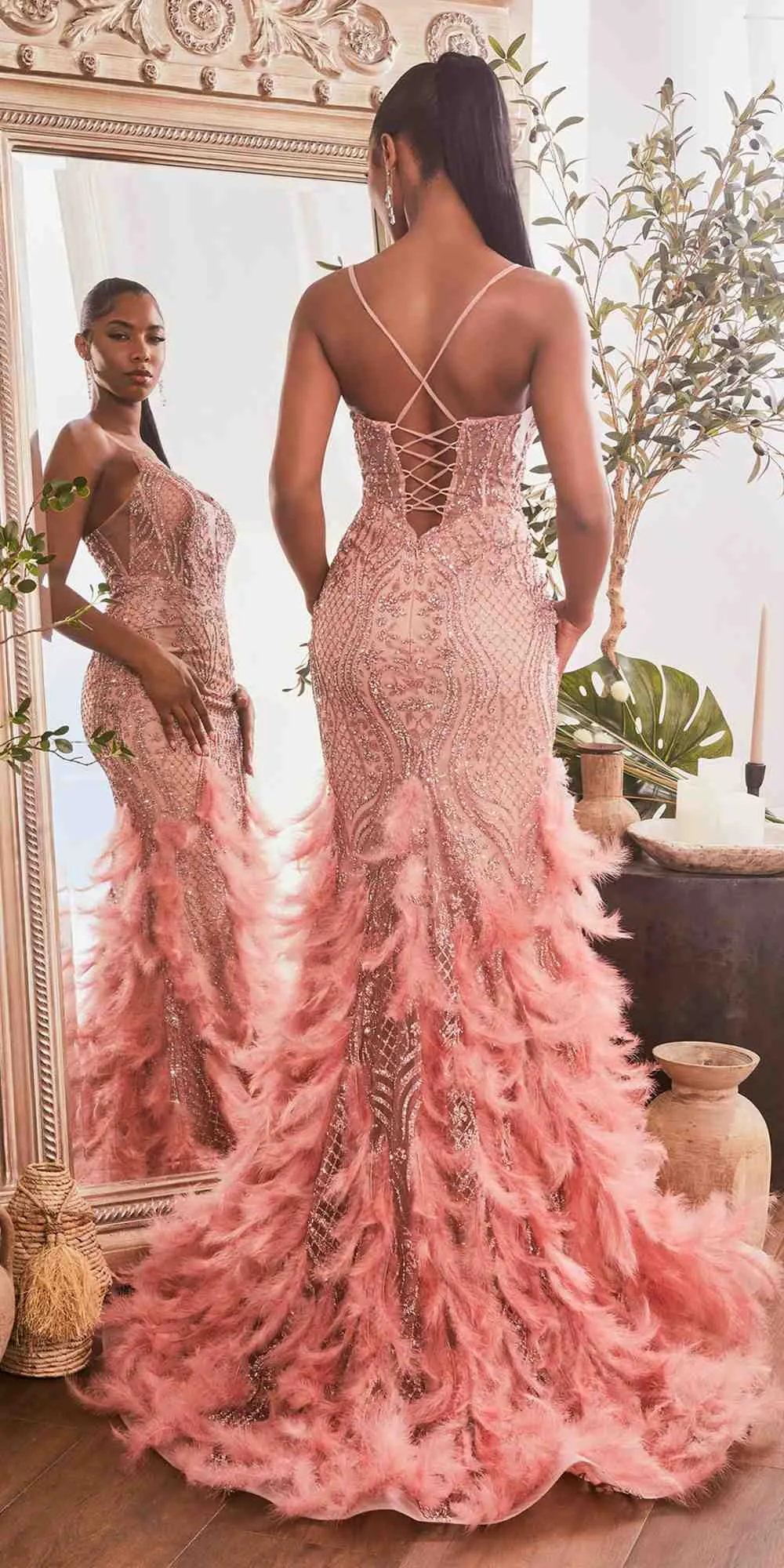 Ladivine CC1608 Long Sheer Boned Bodice Faux Feather Godet Mermaid Gown