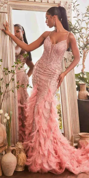 Ladivine CC1608 Long Sheer Boned Bodice Faux Feather Godet Mermaid Gown