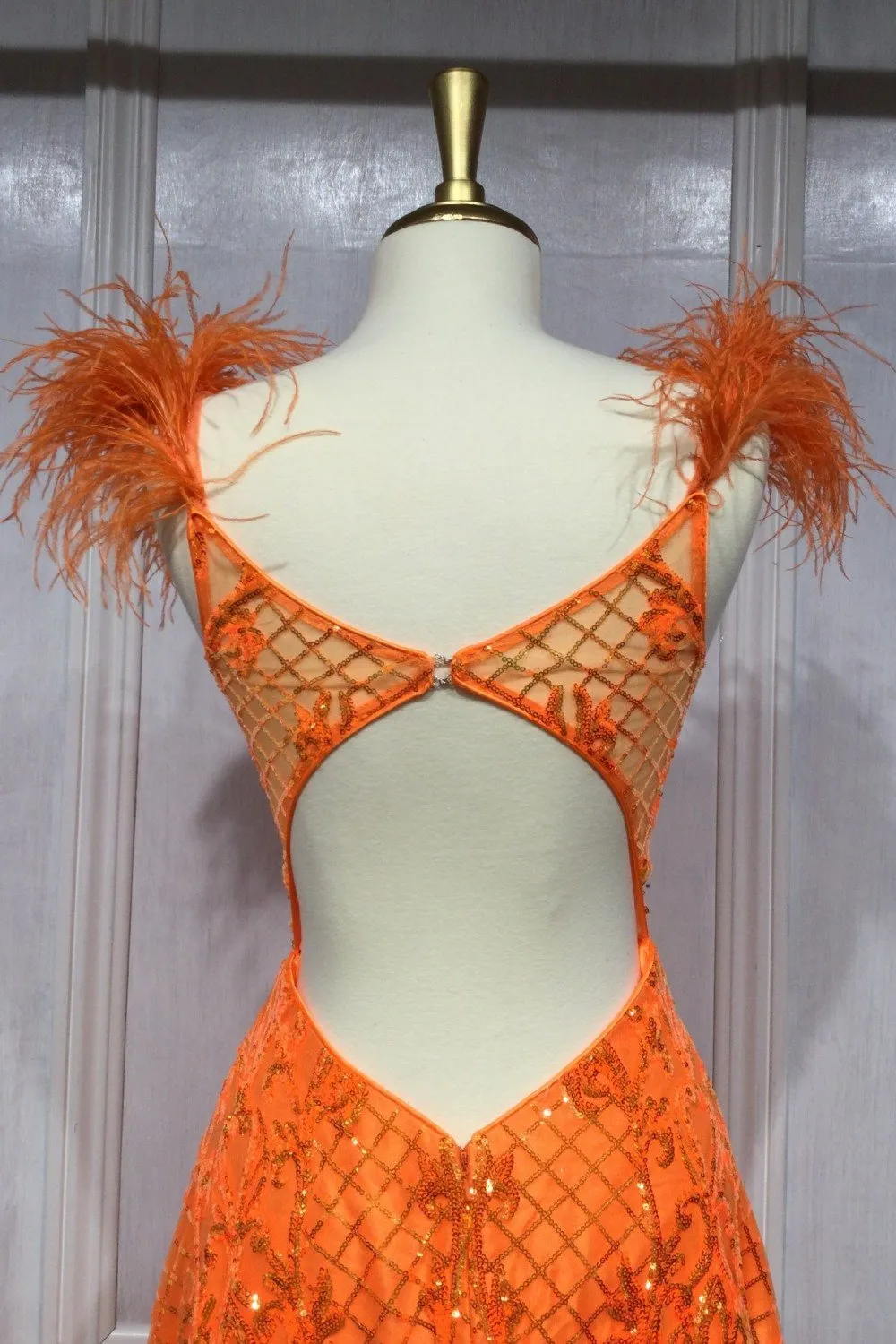 Ladivine KV1076 Floor Length Neon Orange Ball Gown with Feathers