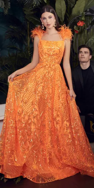 Ladivine KV1076 Floor Length Neon Orange Ball Gown with Feathers