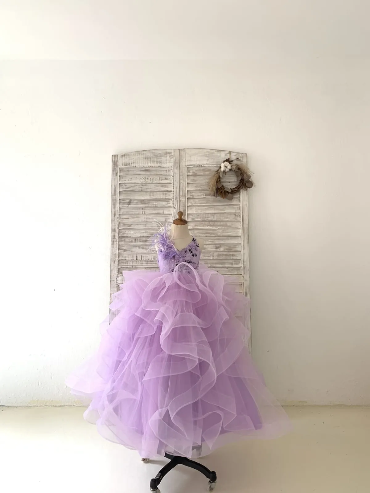 Lavender Lace Tulle Feathers/Horsehair Wedding Flower Girl Dress Kids Pageant Gown
