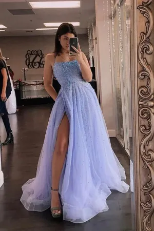 Lavender Tulle A-line Beaded Long Prom Dresses With Slit, Party Dress, MP803