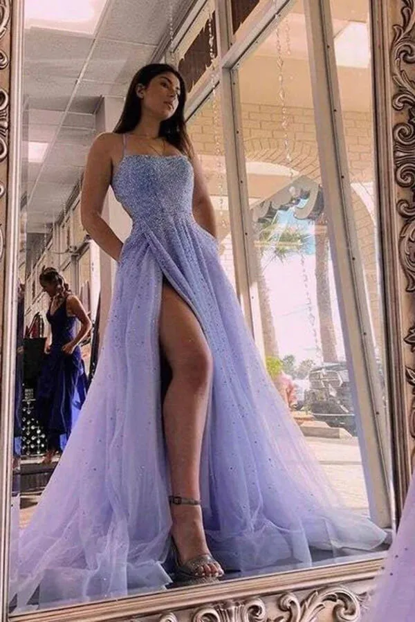 Lavender Tulle A-line Beaded Long Prom Dresses With Slit, Party Dress, MP803