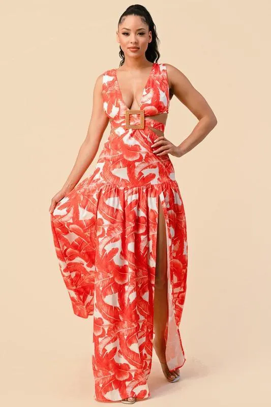 LEAF PRINT MAXI DRESS CUTOUT SIDES