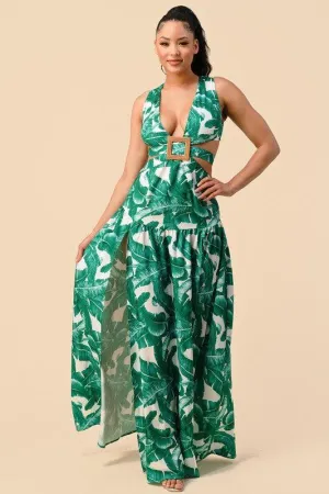 LEAF PRINT MAXI DRESS CUTOUT SIDES