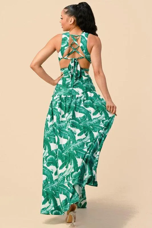 LEAF PRINT MAXI DRESS CUTOUT SIDES