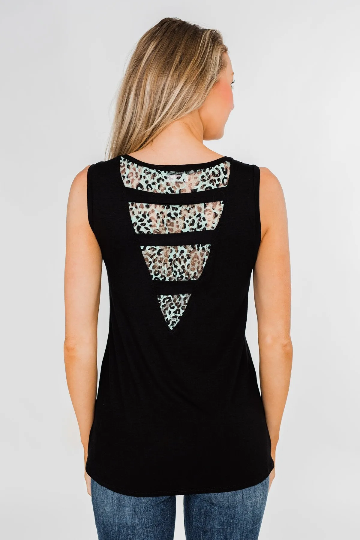 Leopard Lace Back Pocket Tank- Mint