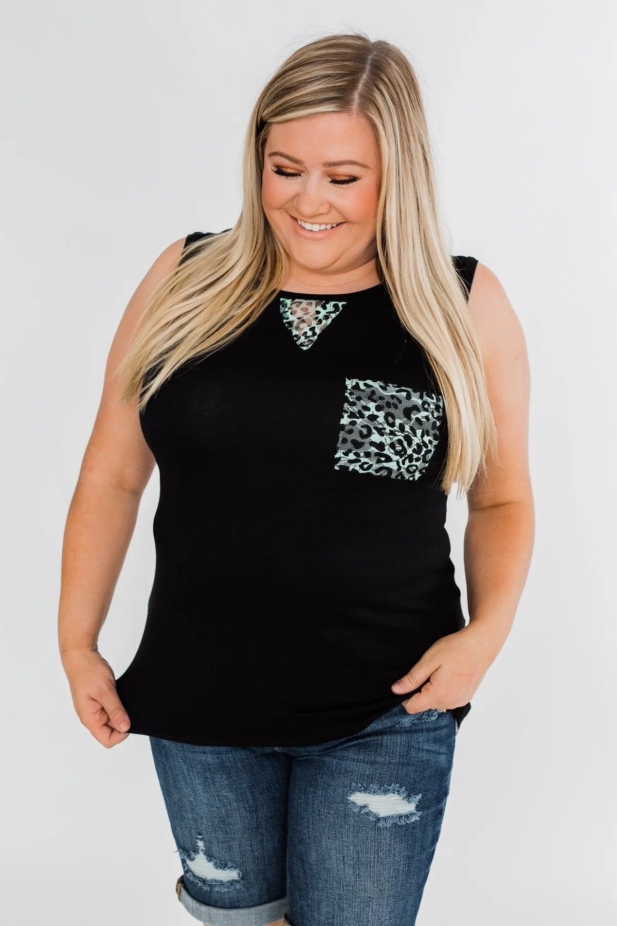 Leopard Lace Back Pocket Tank- Mint
