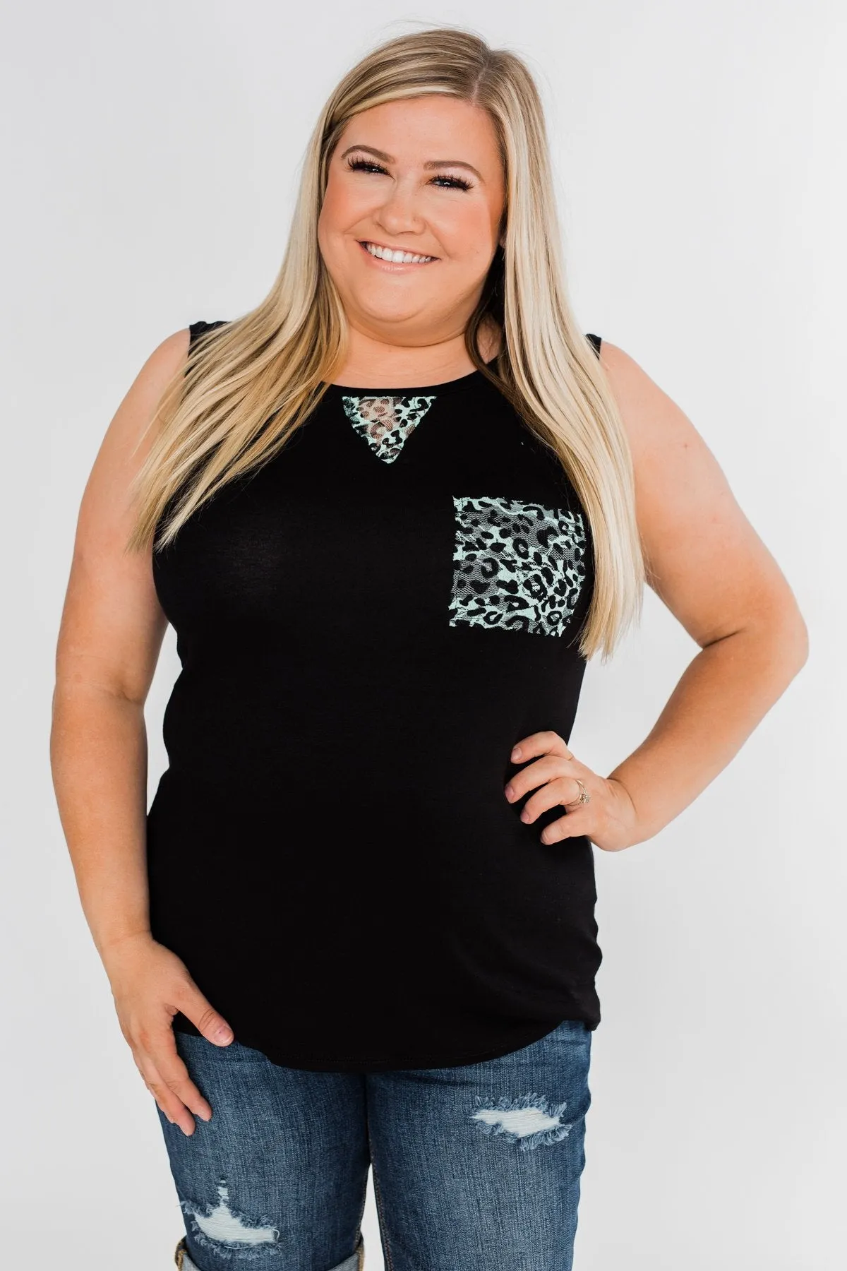 Leopard Lace Back Pocket Tank- Mint