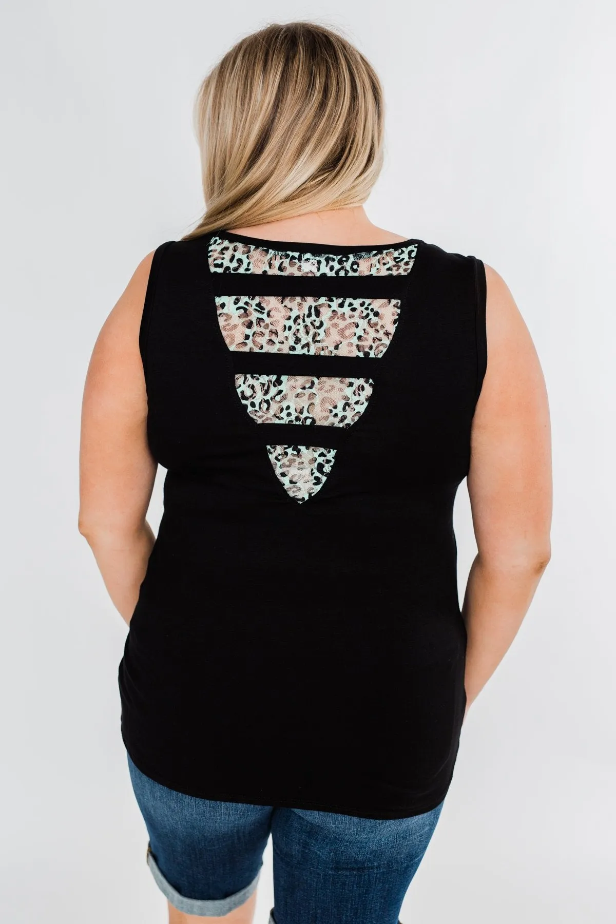 Leopard Lace Back Pocket Tank- Mint