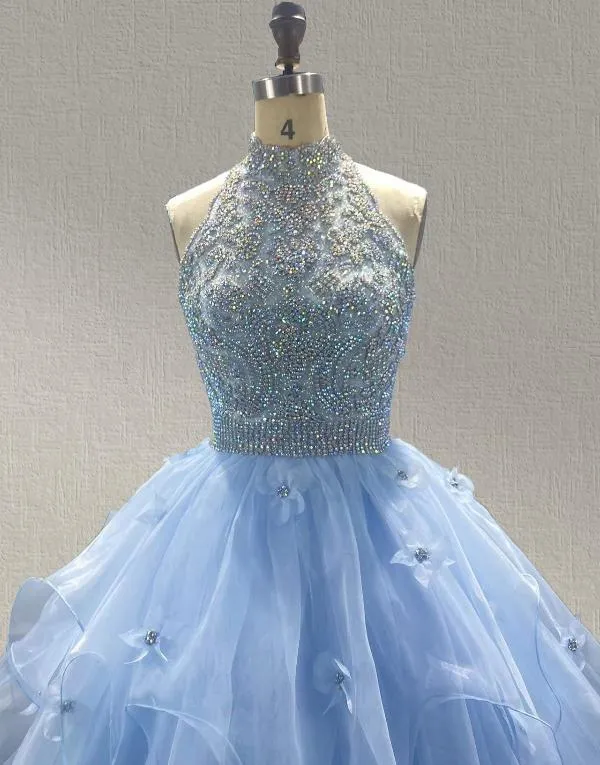 Little Girls Sky Blue Halter Sparkly Evening Gown
