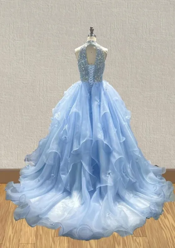 Little Girls Sky Blue Halter Sparkly Evening Gown