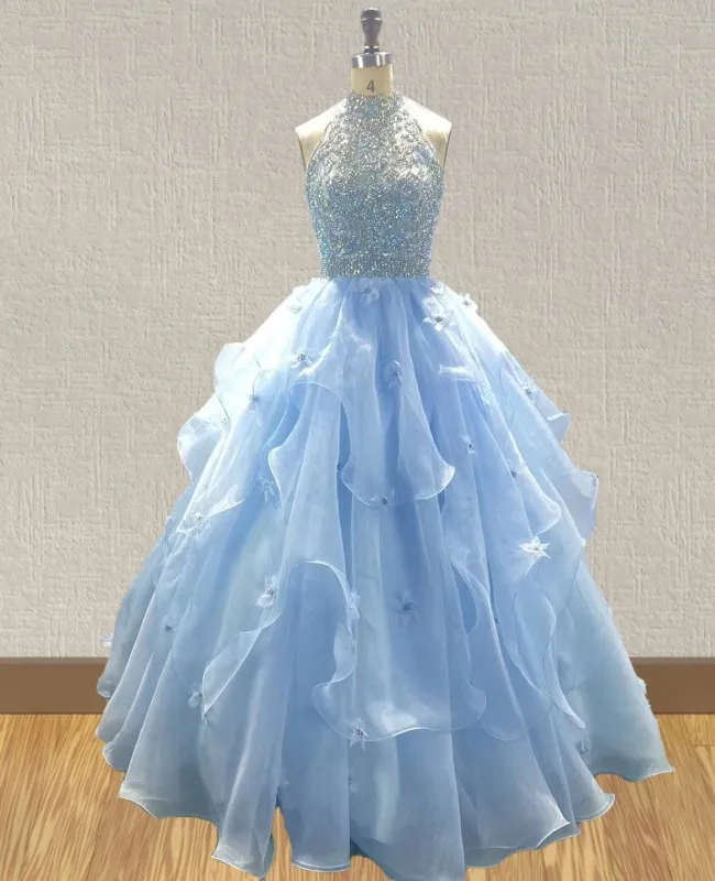 Little Girls Sky Blue Halter Sparkly Evening Gown