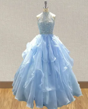 Little Girls Sky Blue Halter Sparkly Evening Gown