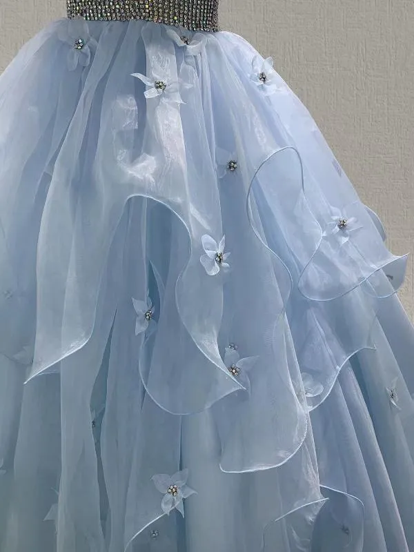 Little Girls Sky Blue Halter Sparkly Evening Gown