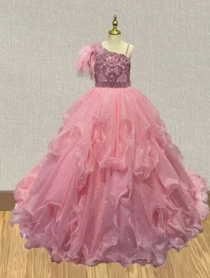 Little Princess Pink Glitter Pageant Dress with Feather