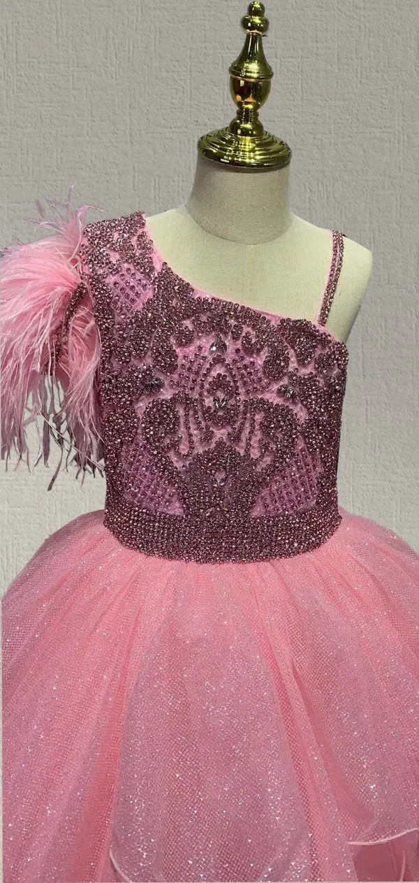 Little Princess Pink Glitter Pageant Dress with Feather