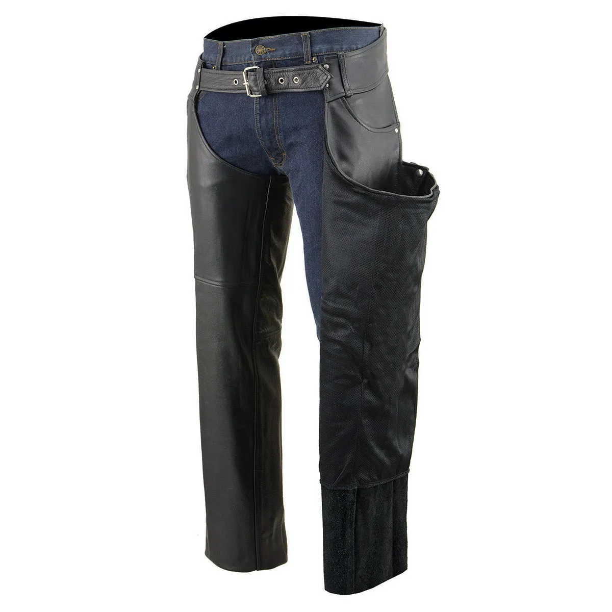 LKM5781 Jean Pocket Chaps for Men's Black Premium Leather- Classic Jean Style Pockets Motorcycle Riders Chap- LKM5781