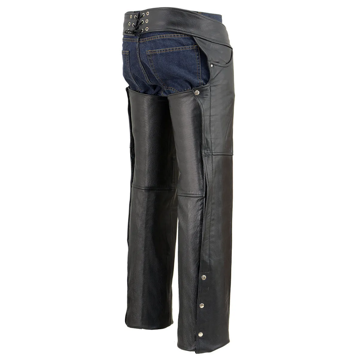 LKM5781 Jean Pocket Chaps for Men's Black Premium Leather- Classic Jean Style Pockets Motorcycle Riders Chap- LKM5781