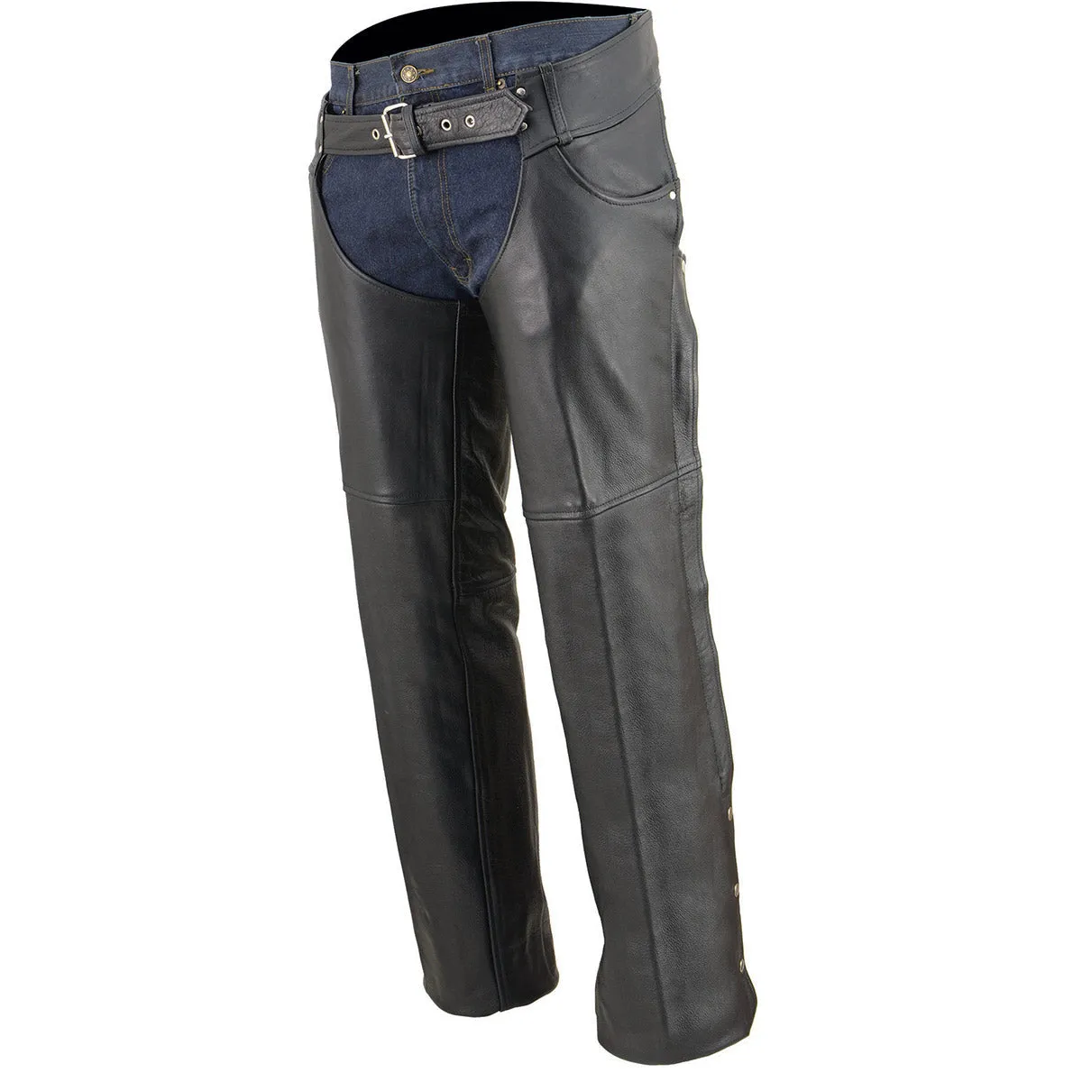 LKM5781 Jean Pocket Chaps for Men's Black Premium Leather- Classic Jean Style Pockets Motorcycle Riders Chap- LKM5781