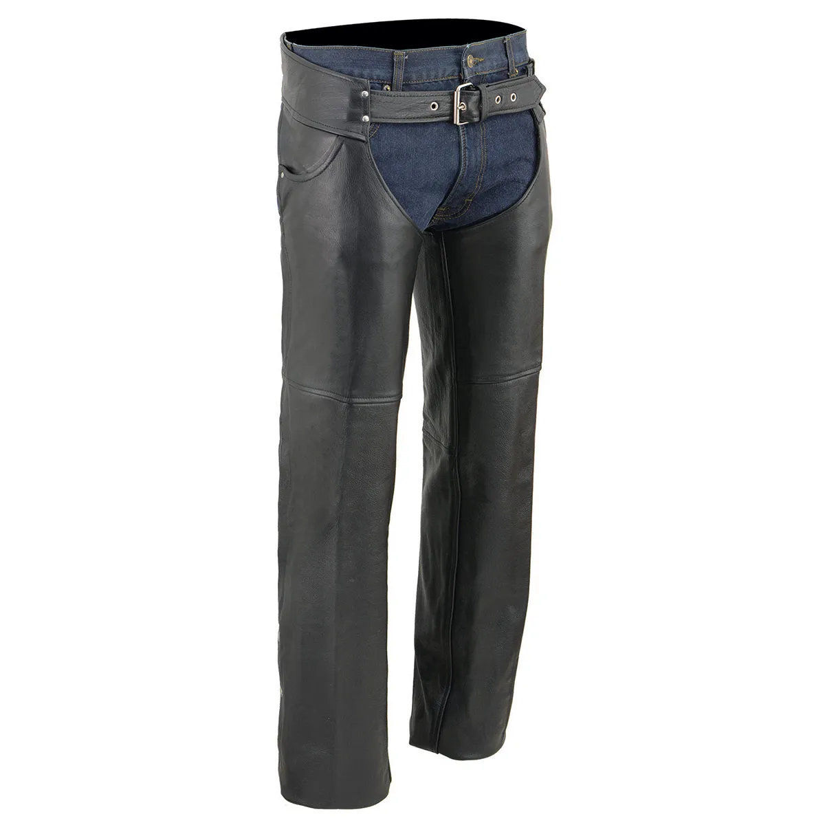 LKM5781 Jean Pocket Chaps for Men's Black Premium Leather- Classic Jean Style Pockets Motorcycle Riders Chap- LKM5781
