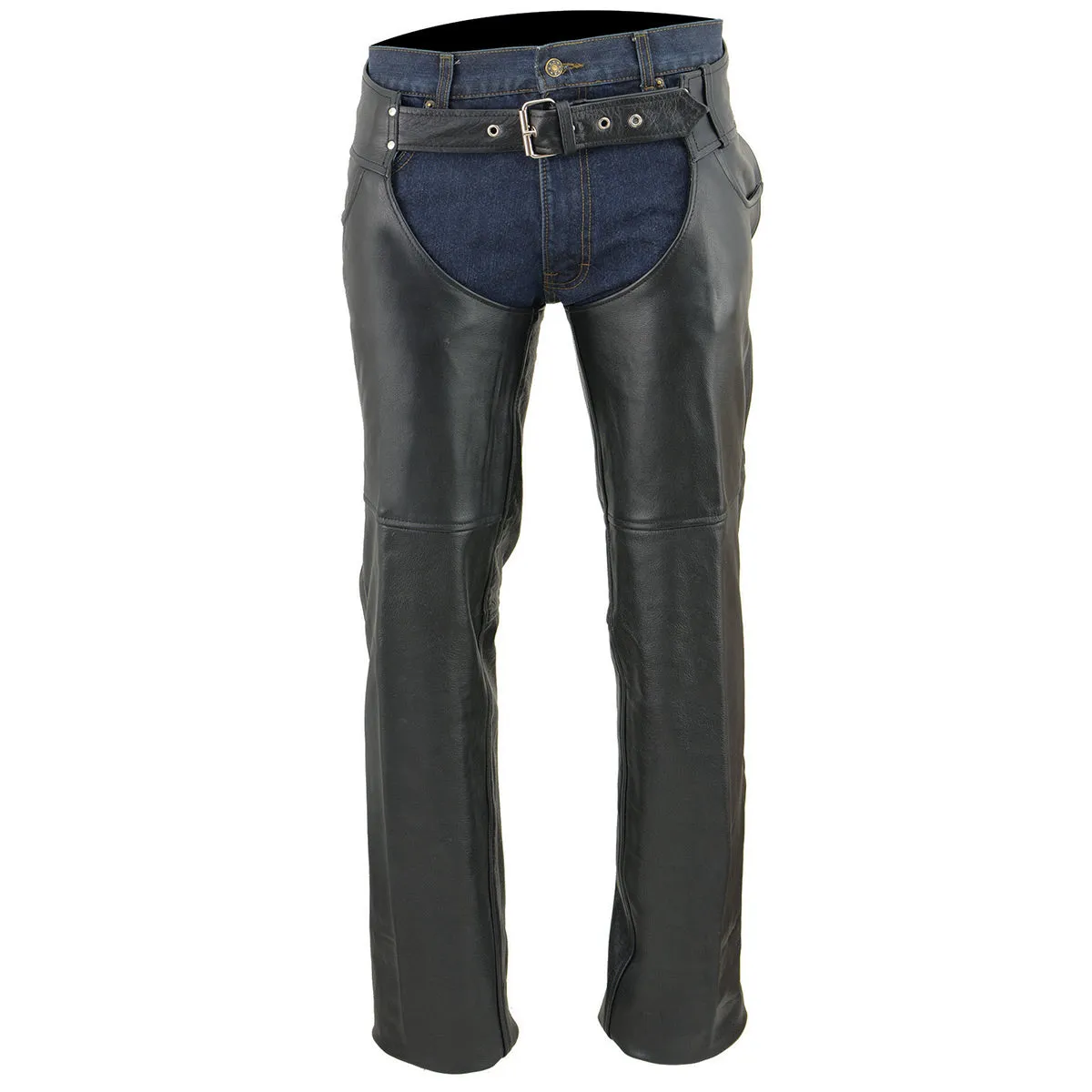 LKM5781 Jean Pocket Chaps for Men's Black Premium Leather- Classic Jean Style Pockets Motorcycle Riders Chap- LKM5781