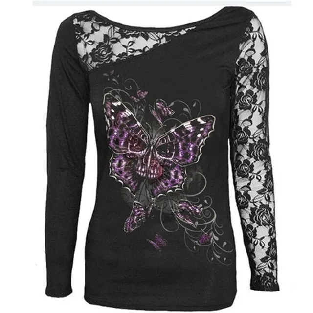 Long Sleeve Lace Skull Cotton Top M-5XL