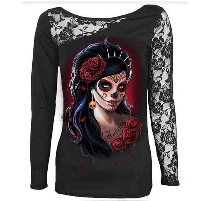Long Sleeve Lace Skull Cotton Top M-5XL