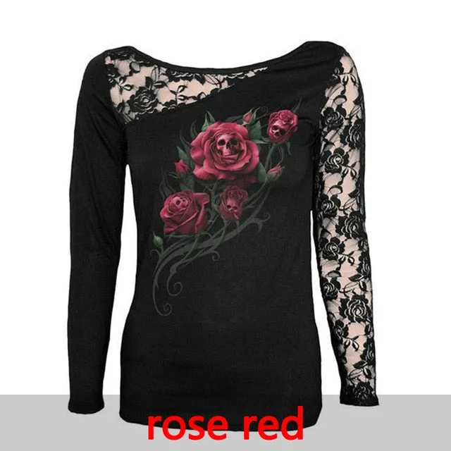 Long Sleeve Lace Skull Cotton Top M-5XL
