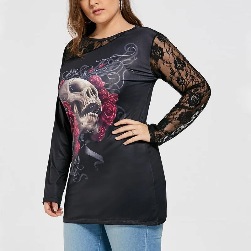 Long Sleeve Lace Skull Cotton Top M-5XL