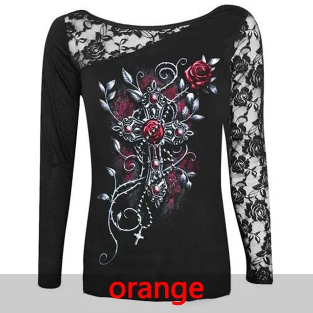 Long Sleeve Lace Skull Cotton Top M-5XL