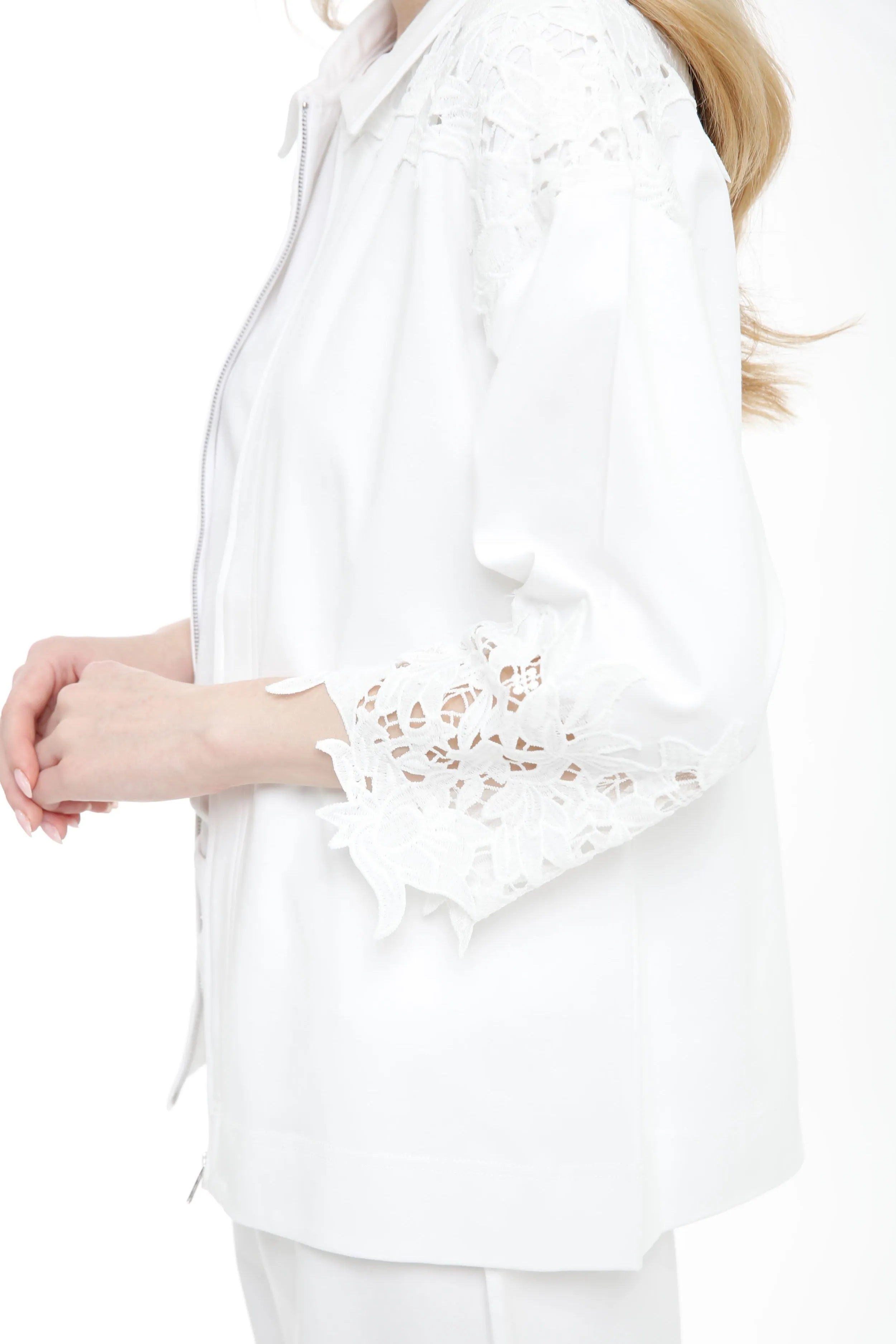 Long Sleeve Zip Front Shirt with Lace Details