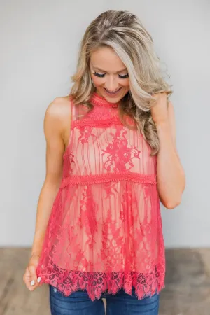 Love's On My Mind Lace Tank Top- Watermelon Pink
