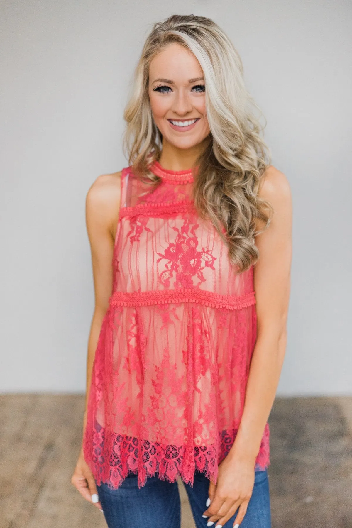 Love's On My Mind Lace Tank Top- Watermelon Pink