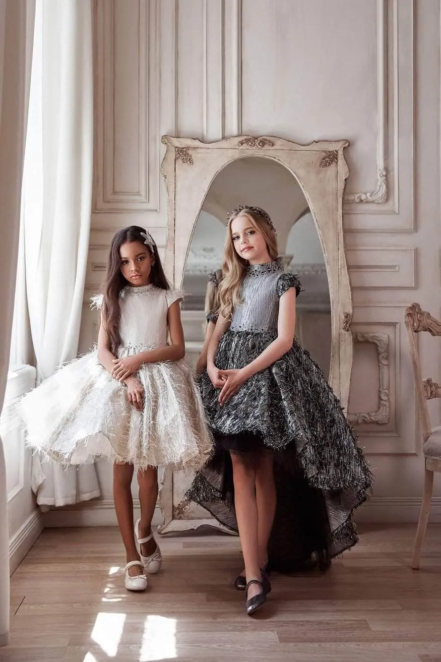 Luxurious Jacquard High Neck Short Girl's Party Dress