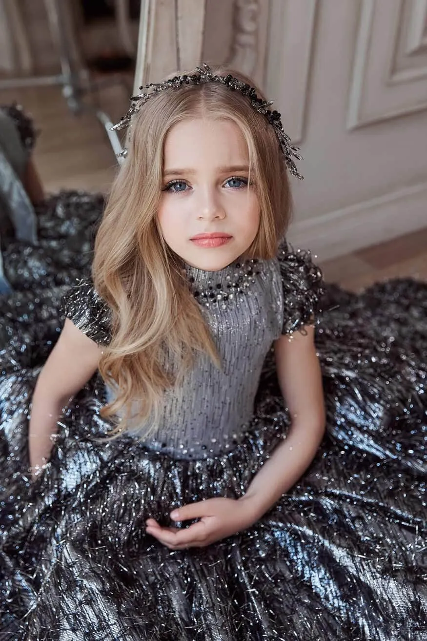 Luxurious Jacquard High Neck Short Girl's Party Dress