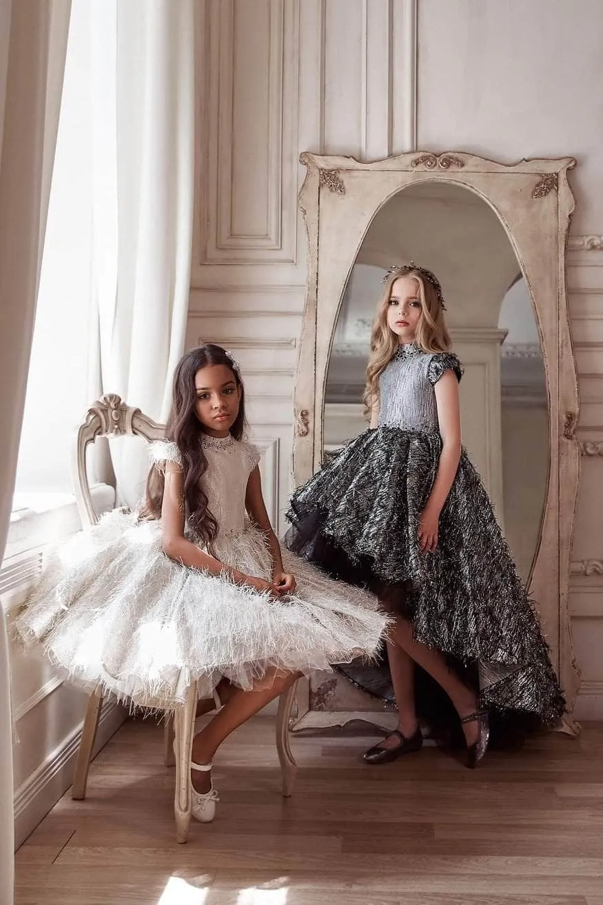 Luxurious Jacquard High Neck Short Girl's Party Dress