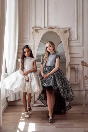 Luxurious Jacquard High Neck Short Girl's Party Dress