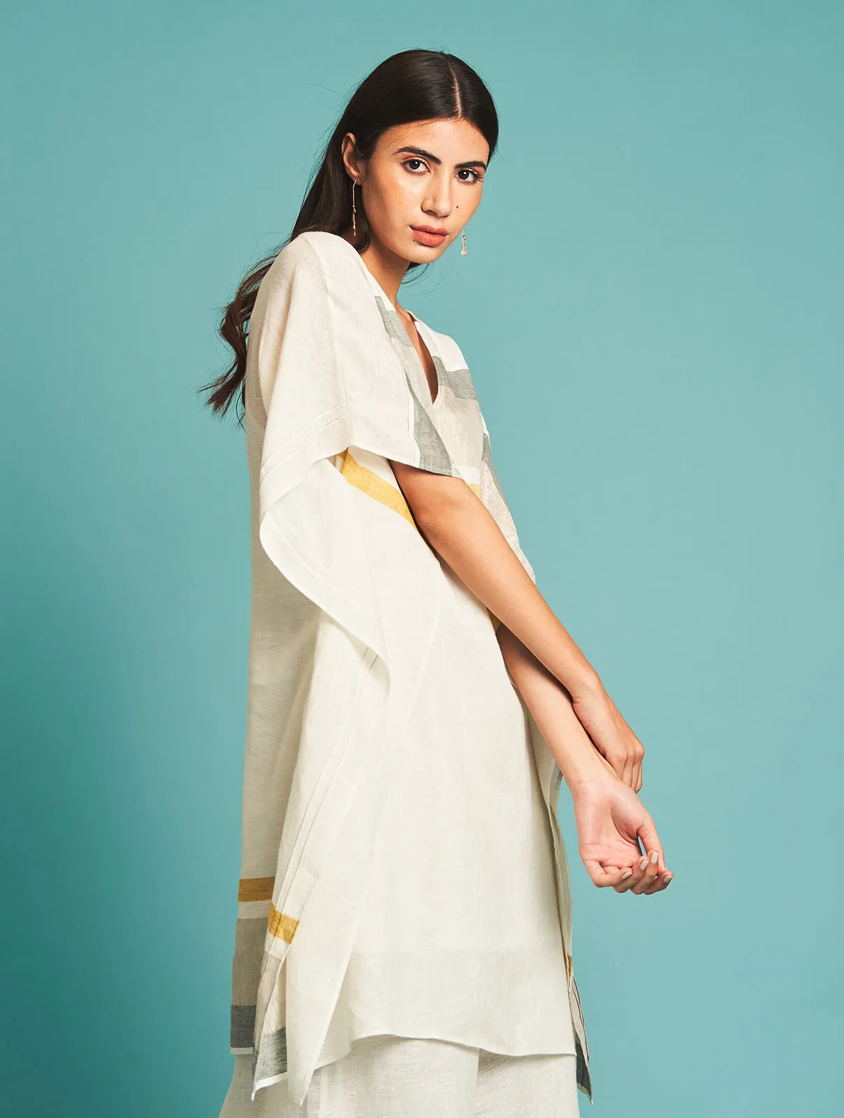 Manan   I   Sato Linen Kaftan - Ivory  Border Collection