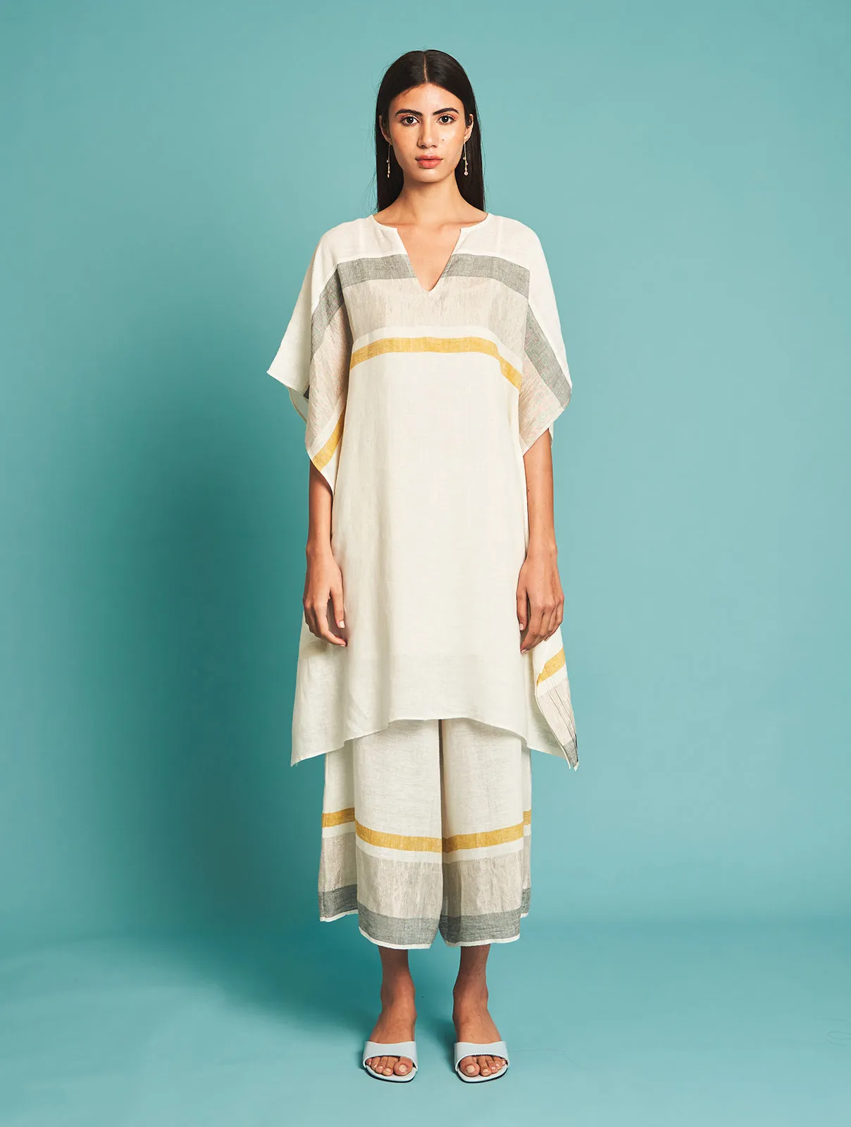 Manan   I   Sato Linen Kaftan - Ivory  Border Collection