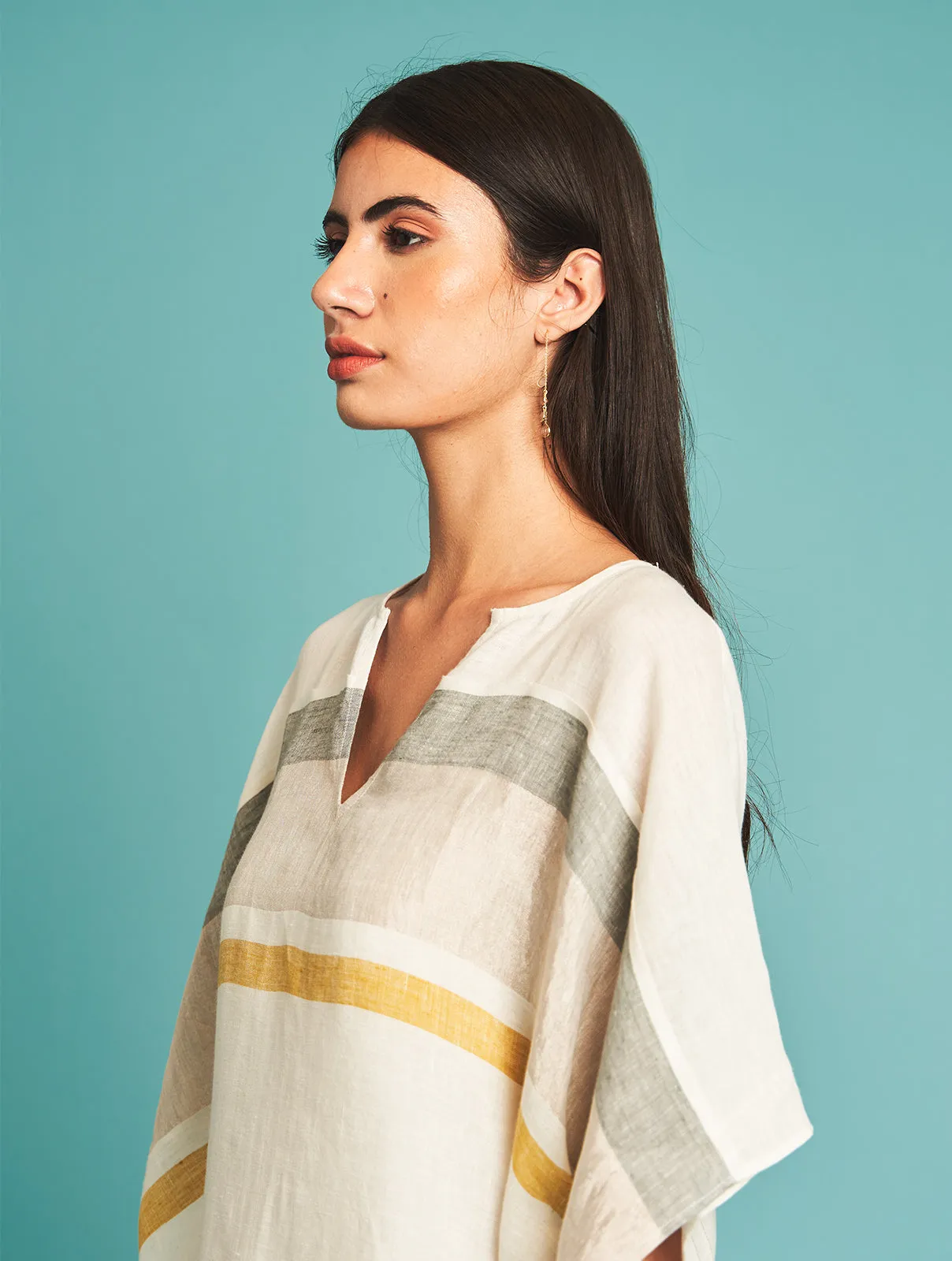 Manan   I   Sato Linen Kaftan - Ivory  Border Collection