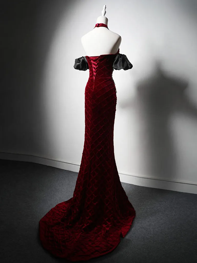 Mermaid Sweetheart Neck Velvet Burgundy Long Prom Dress, Burgundy Long Evening Dress