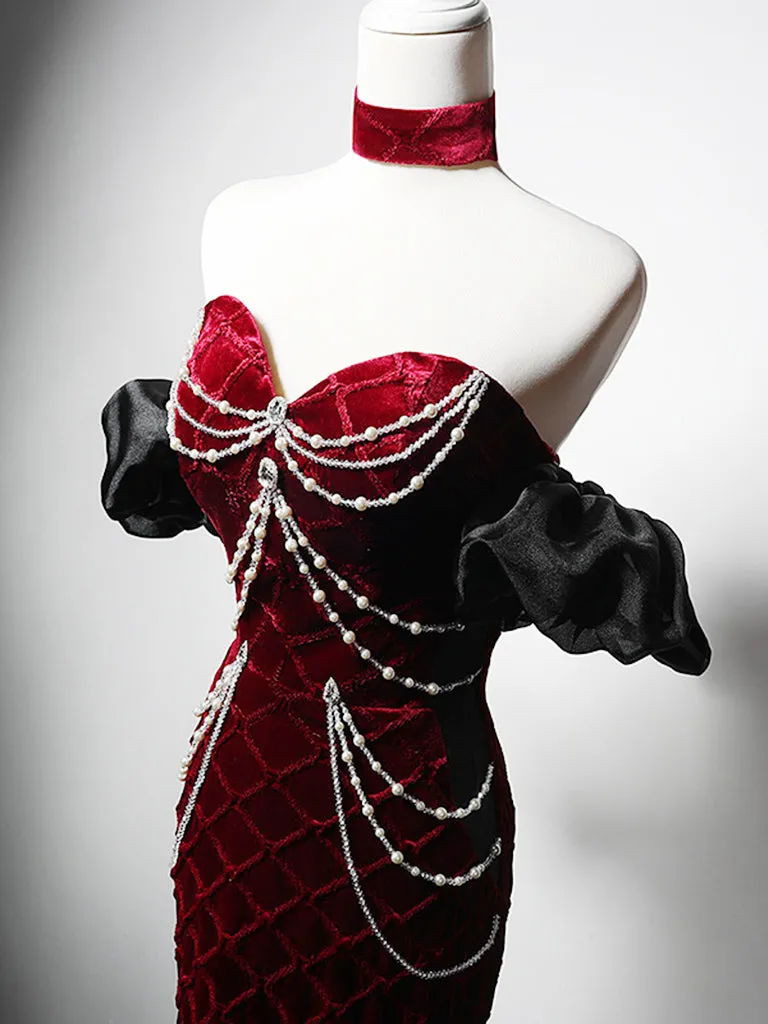 Mermaid Sweetheart Neck Velvet Burgundy Long Prom Dress, Burgundy Long Evening Dress