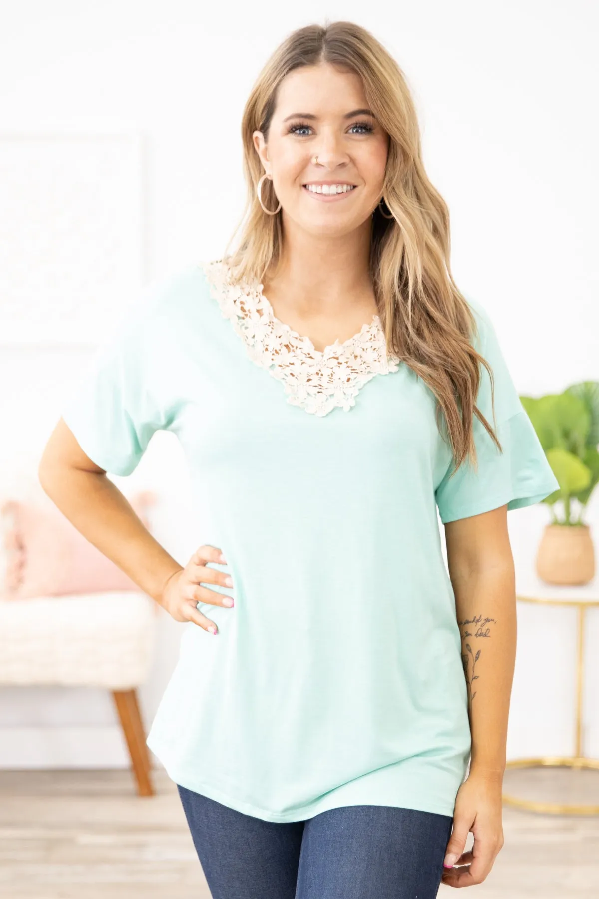 Mint Crochet Trim Dolman Sleeve Top