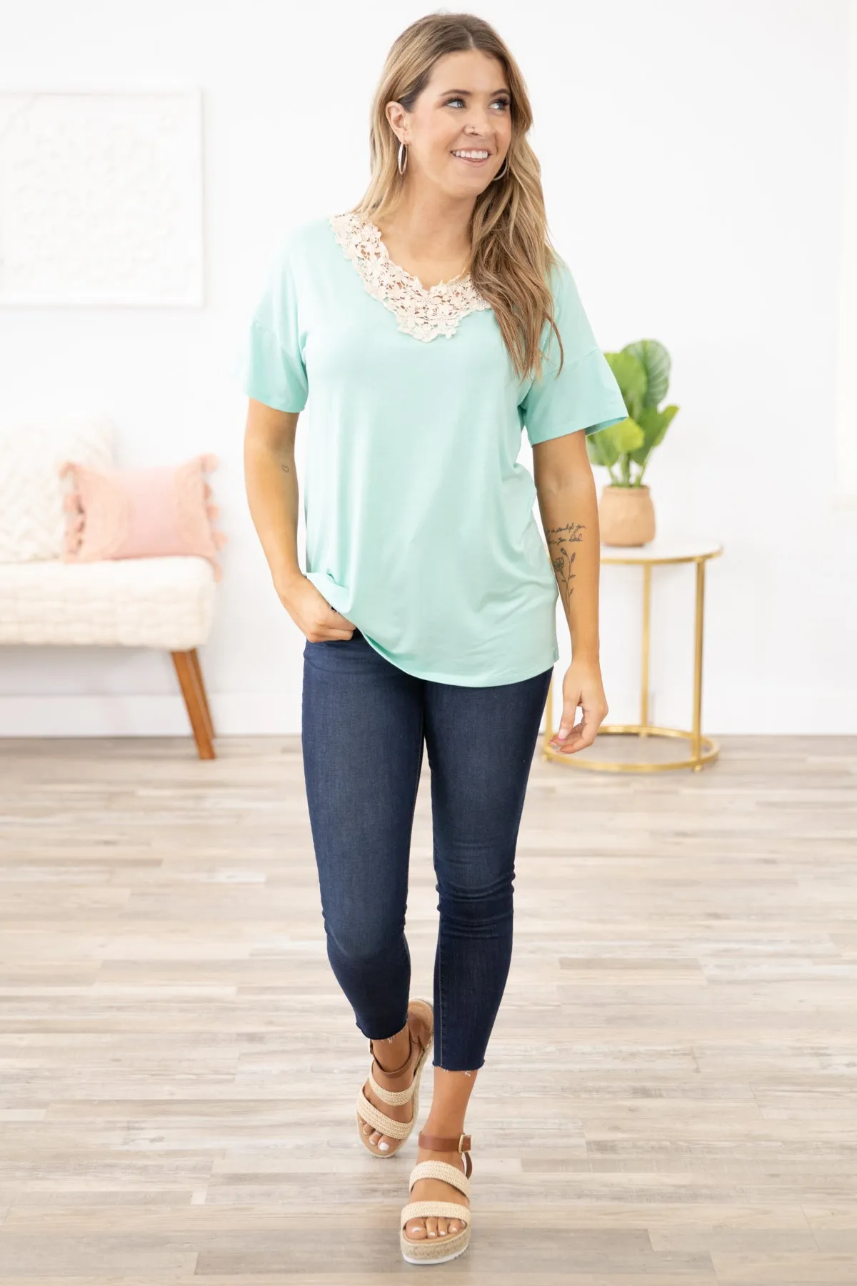 Mint Crochet Trim Dolman Sleeve Top