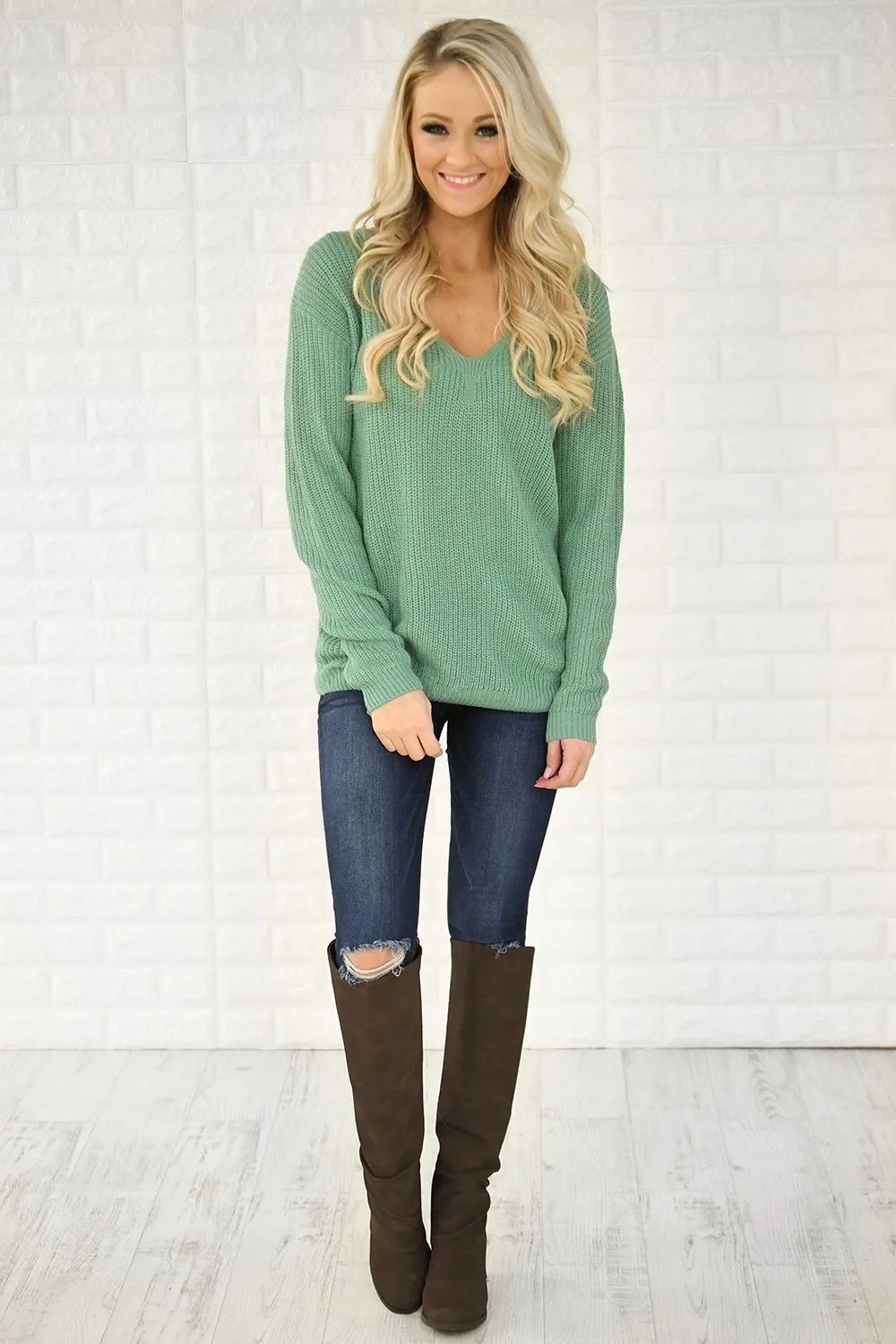 Mint Knit Back Lace Sweater