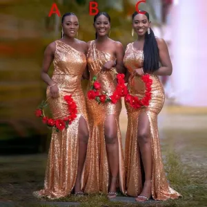 mismatched gold bridesmaid dresses long sparkly sequin mermaid sexy custom wedding guest dress