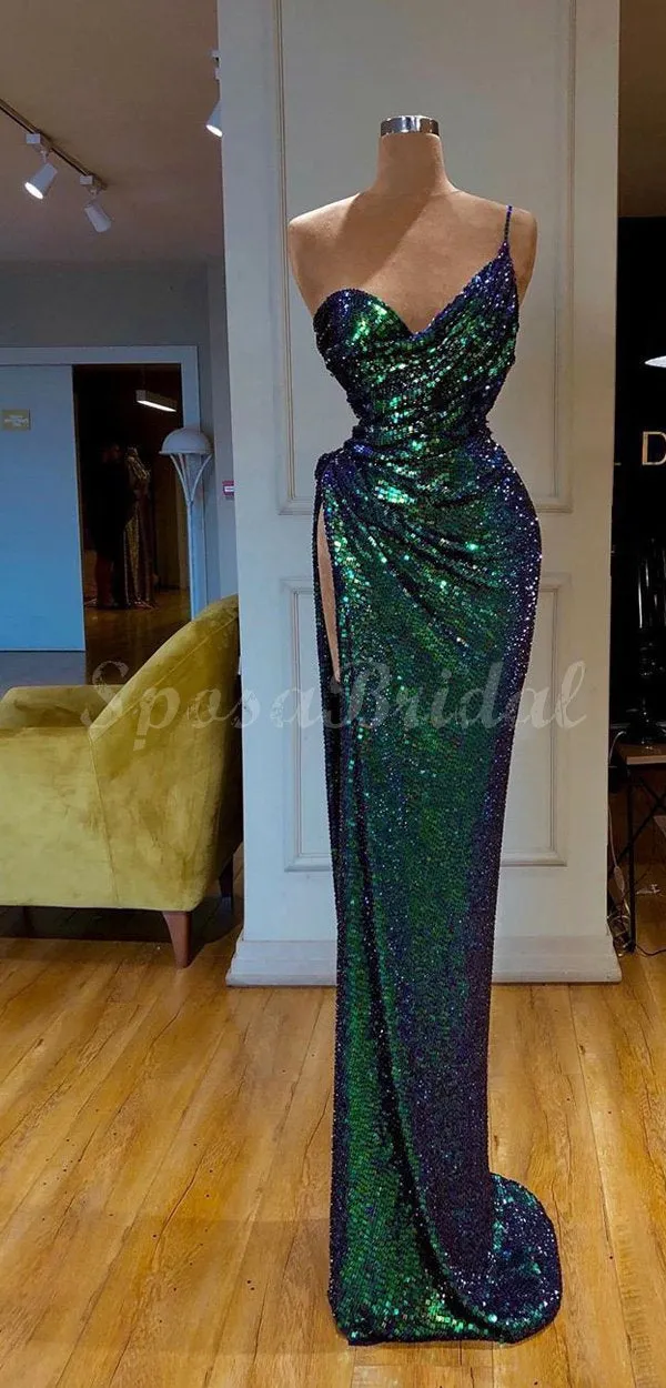 Mismatched Green Sequin Sparkly Shinning Cheap Modest Long Prom Dresses PD1429