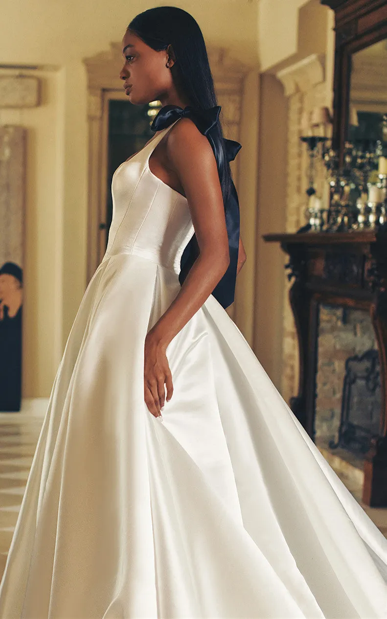 Modern Ball Gown Square Neck Satin Wedding Dress with Ruching-716386