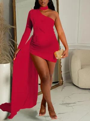 Momnfancy Trailing Single Sleeve Oblique Shoulder Feather Babyshower Maternity Mini Dress